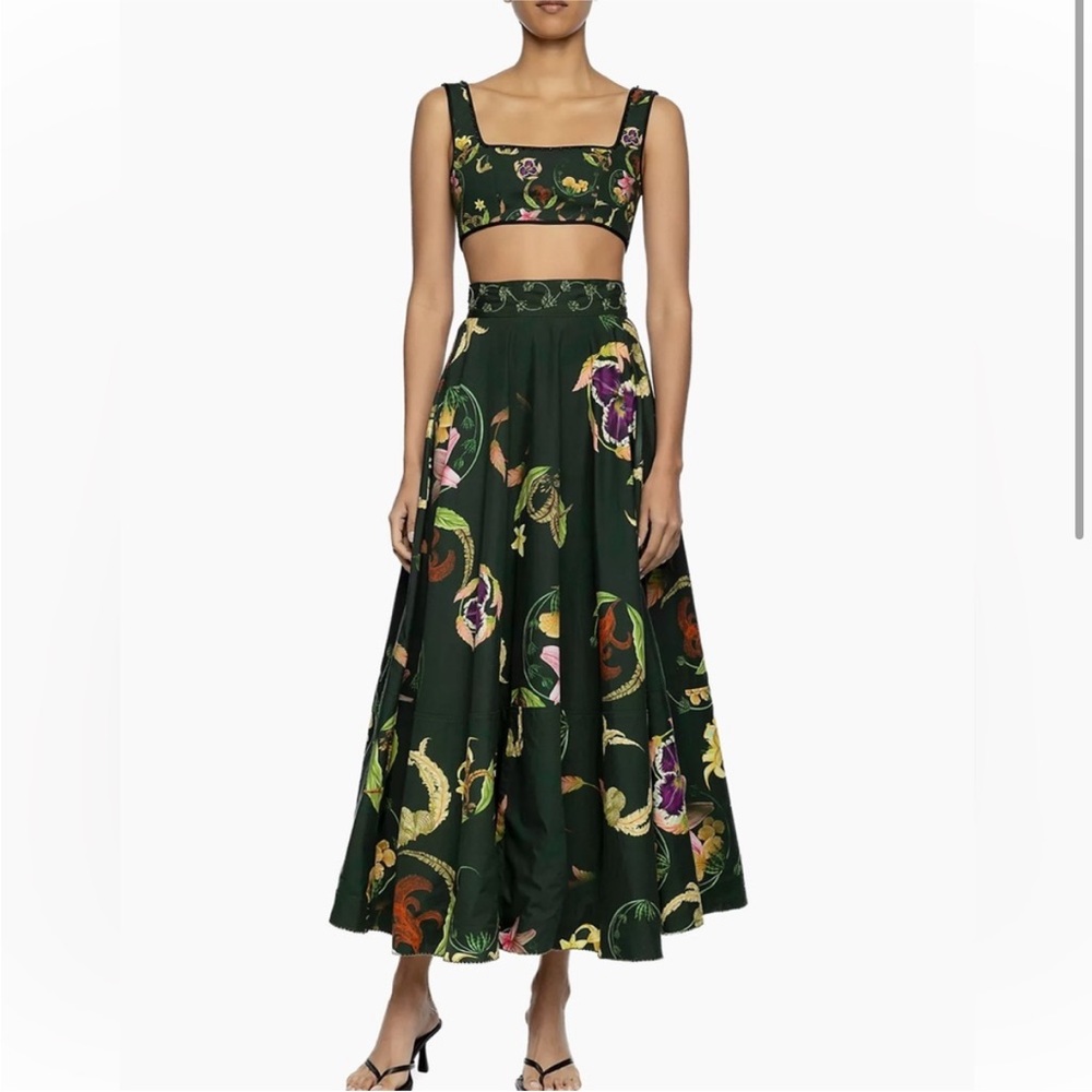 ISO Agua by Agua Bendita Bergamota Marina Embroidered Green Maxi Skirt